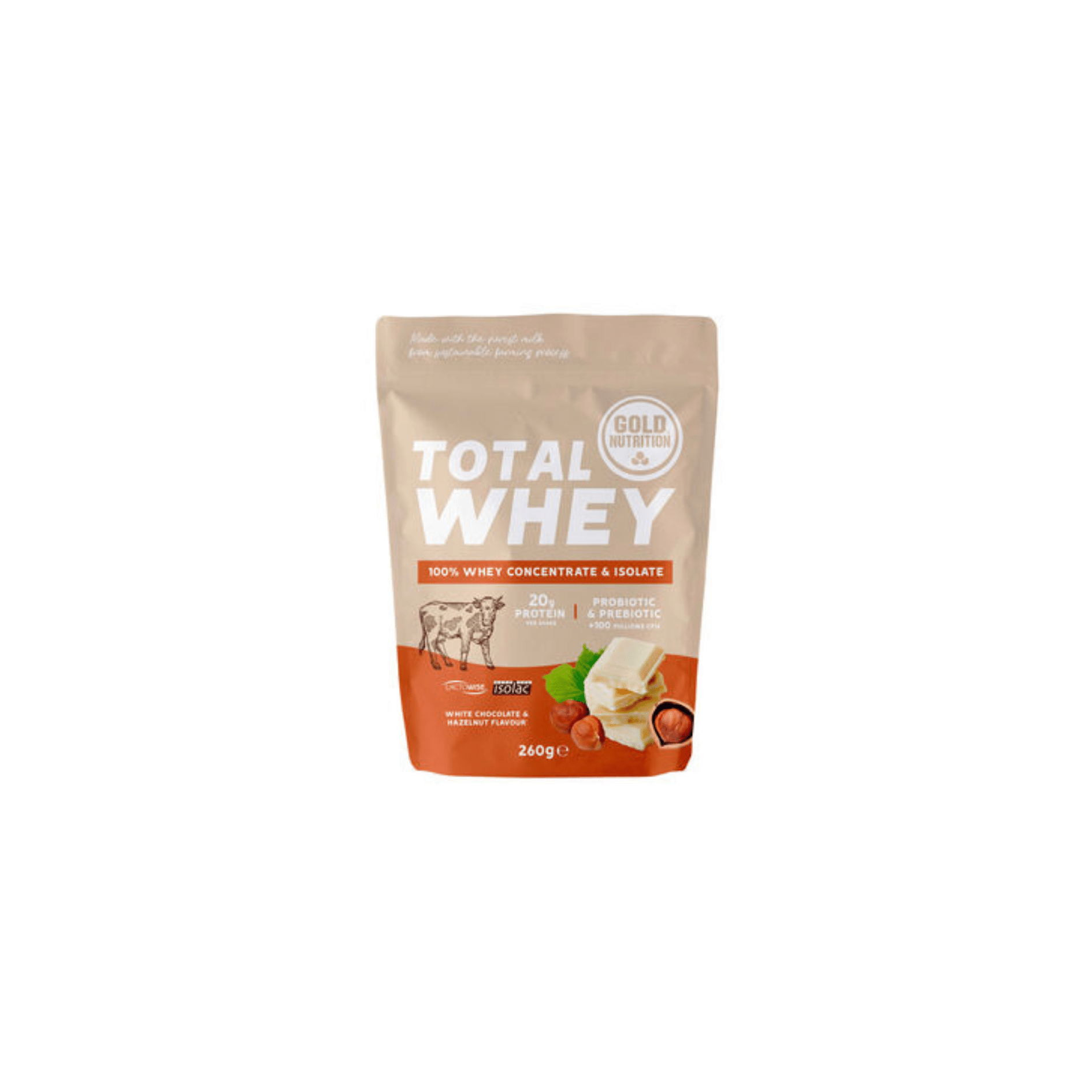 Total Whey proteína choc. branco e avelã 260g Gold Nutrition