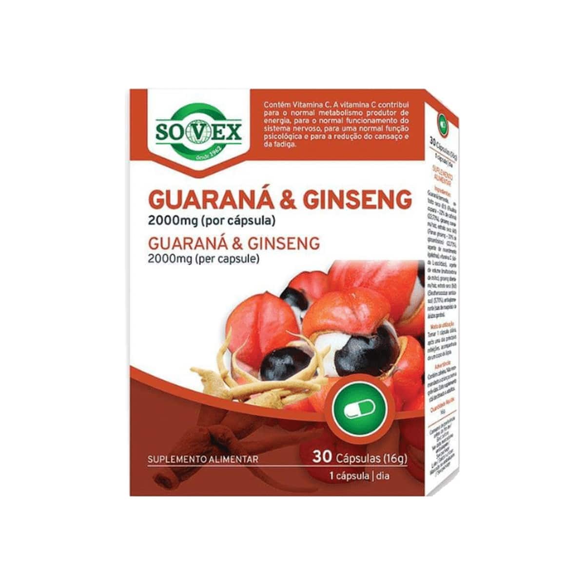 Guaraná e Ginseng 2000mg 30 cápsulas Sovex