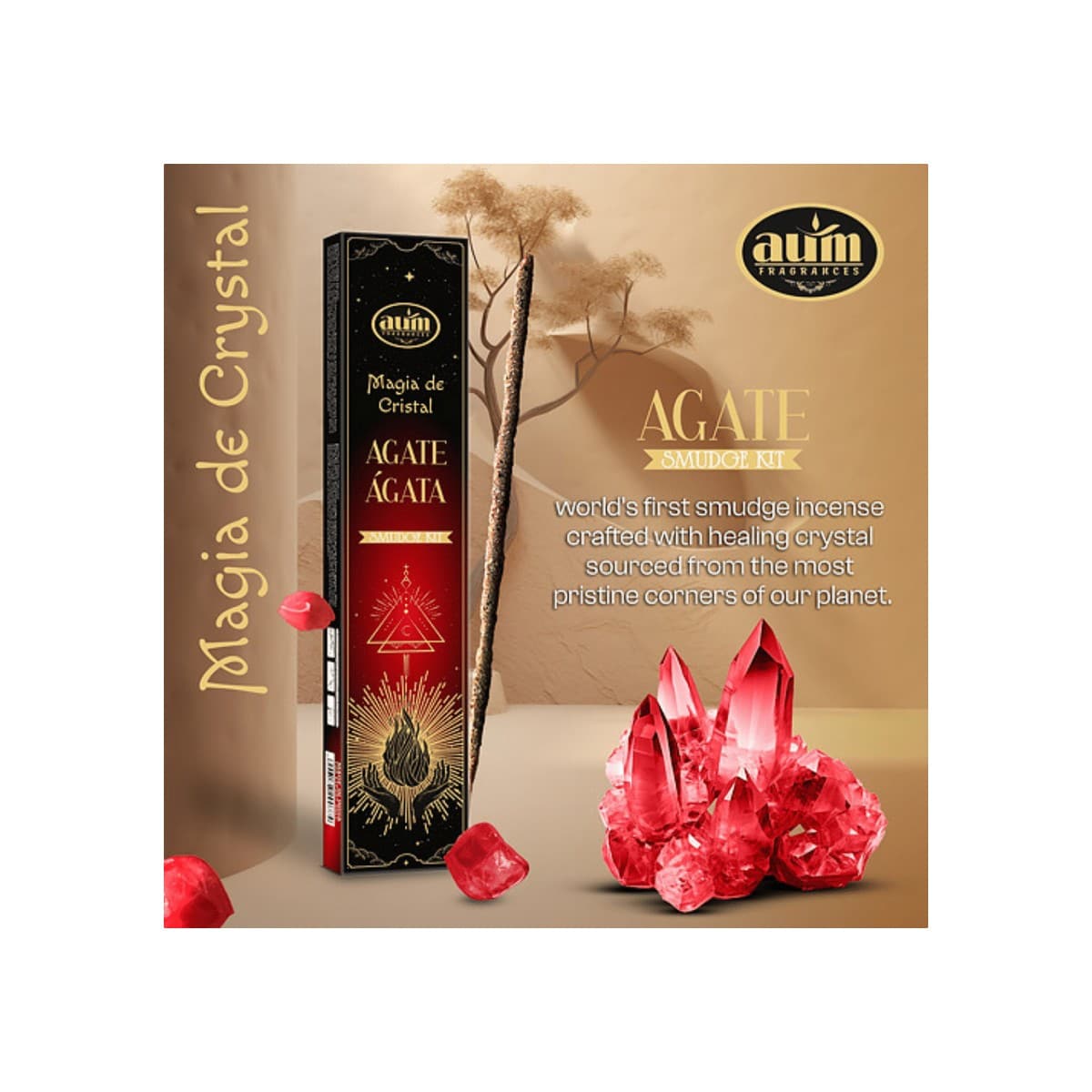 Incenso Artesanal Aum Magia de Cristal 20g + Cristal Ágata