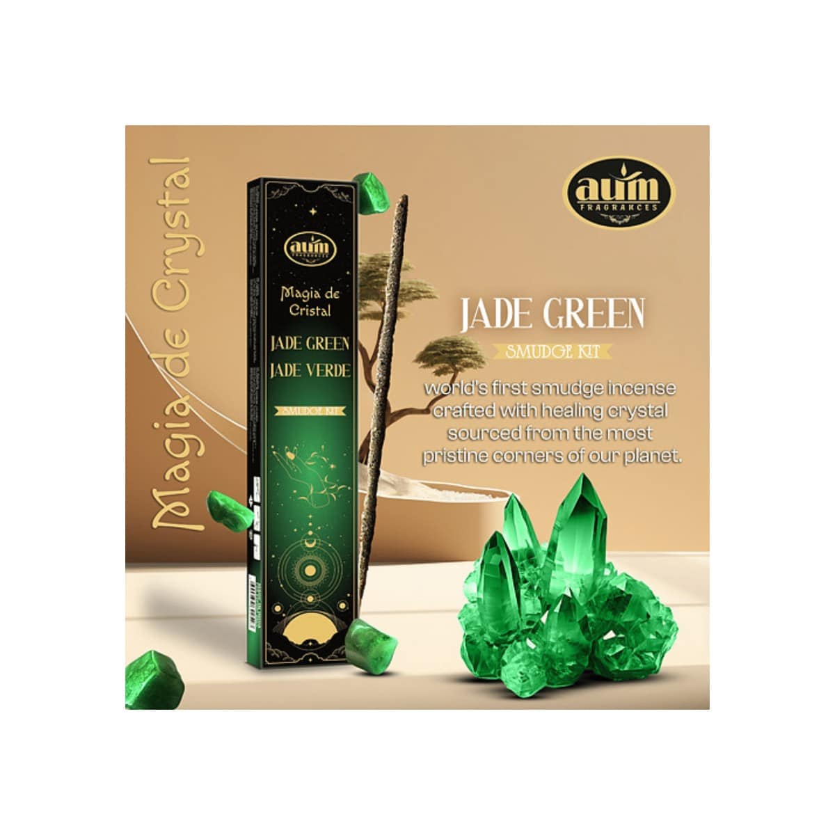 Incenso Artesanal Aum Magia de Cristal 20g + Cristal Jade Verde