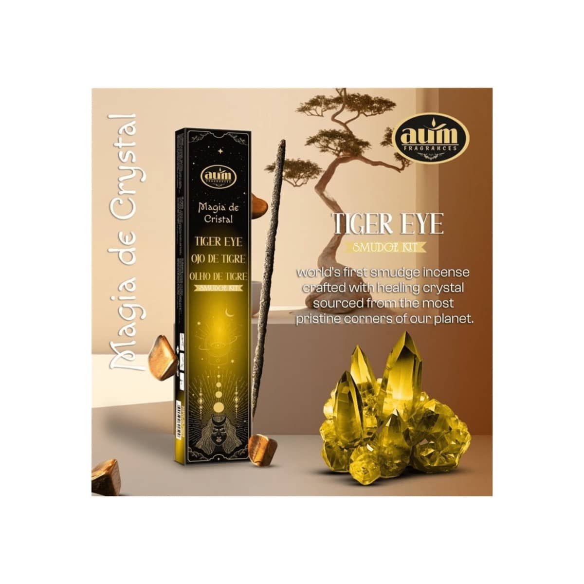Incenso Artesanal Aum Magia de Cristal 20g + Cristal Olho de Tigre